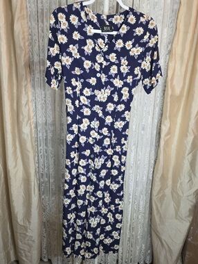 #254 VTG 90s Rue21 Daisy Floral Button Front Midi Maxi Dress Blue Grunge Cottage